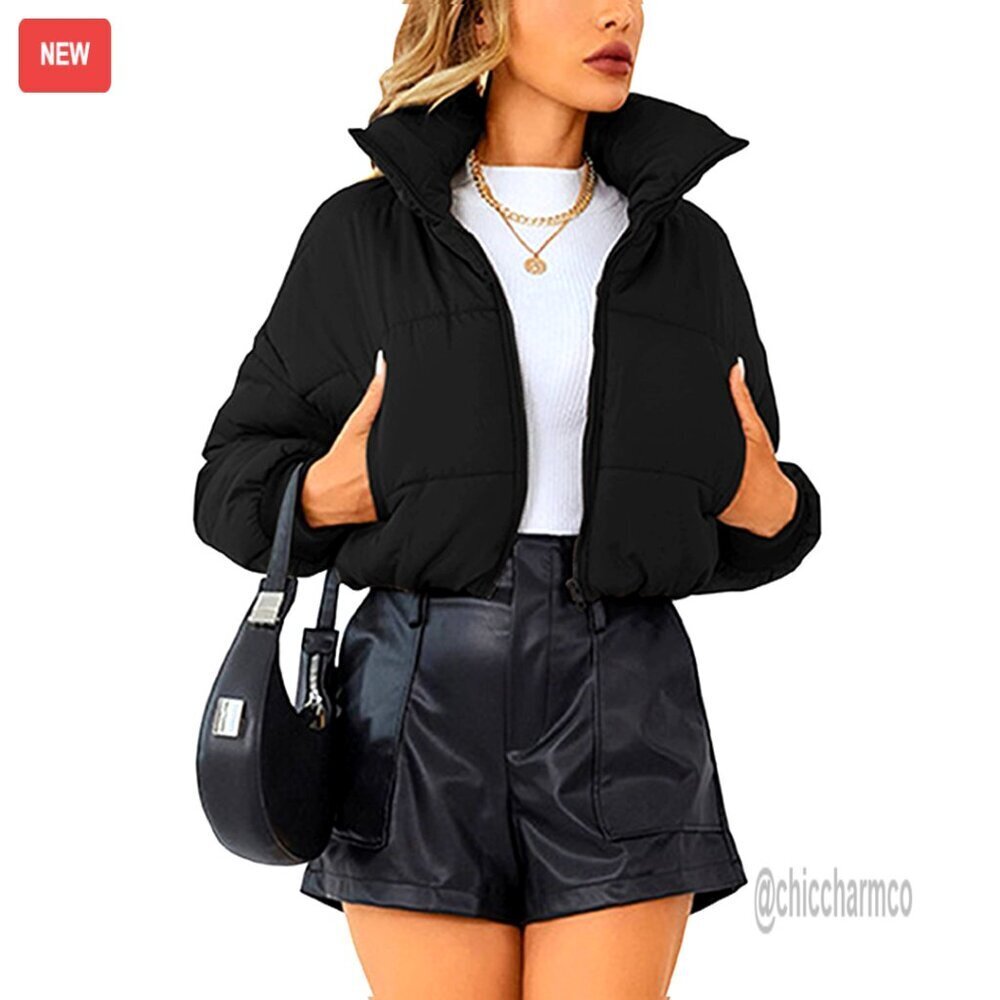 Lightweight Quilted Puffer Jacket Cropped Stand Collar Zip Up Winter Coat